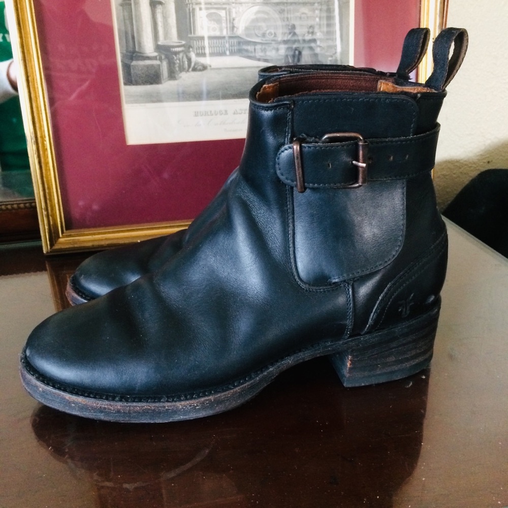 Frye Chunky Heel Black Moto Boots